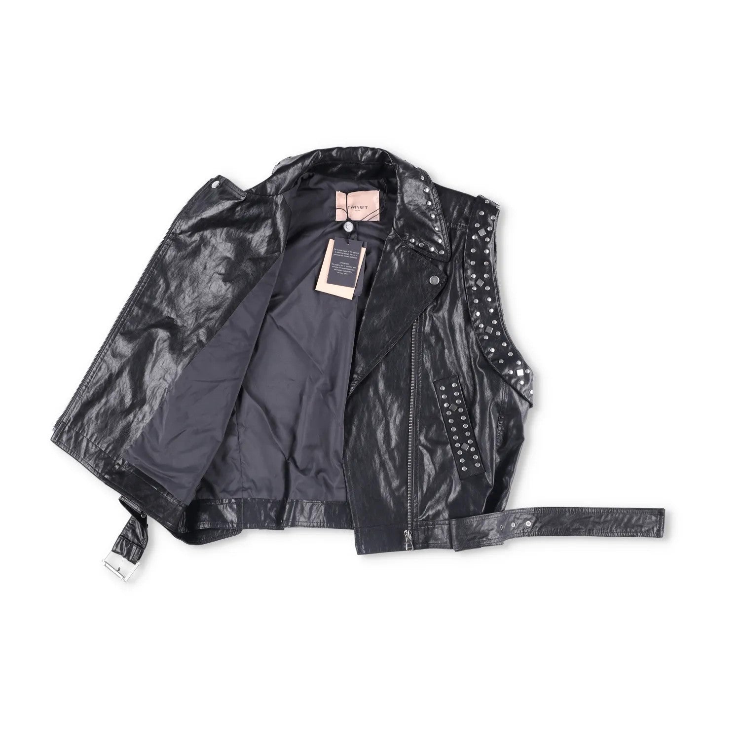 TWINSET Womens Sleevless Leather Biker Jacket Black Studded Size 42 RRP 300 — View 8