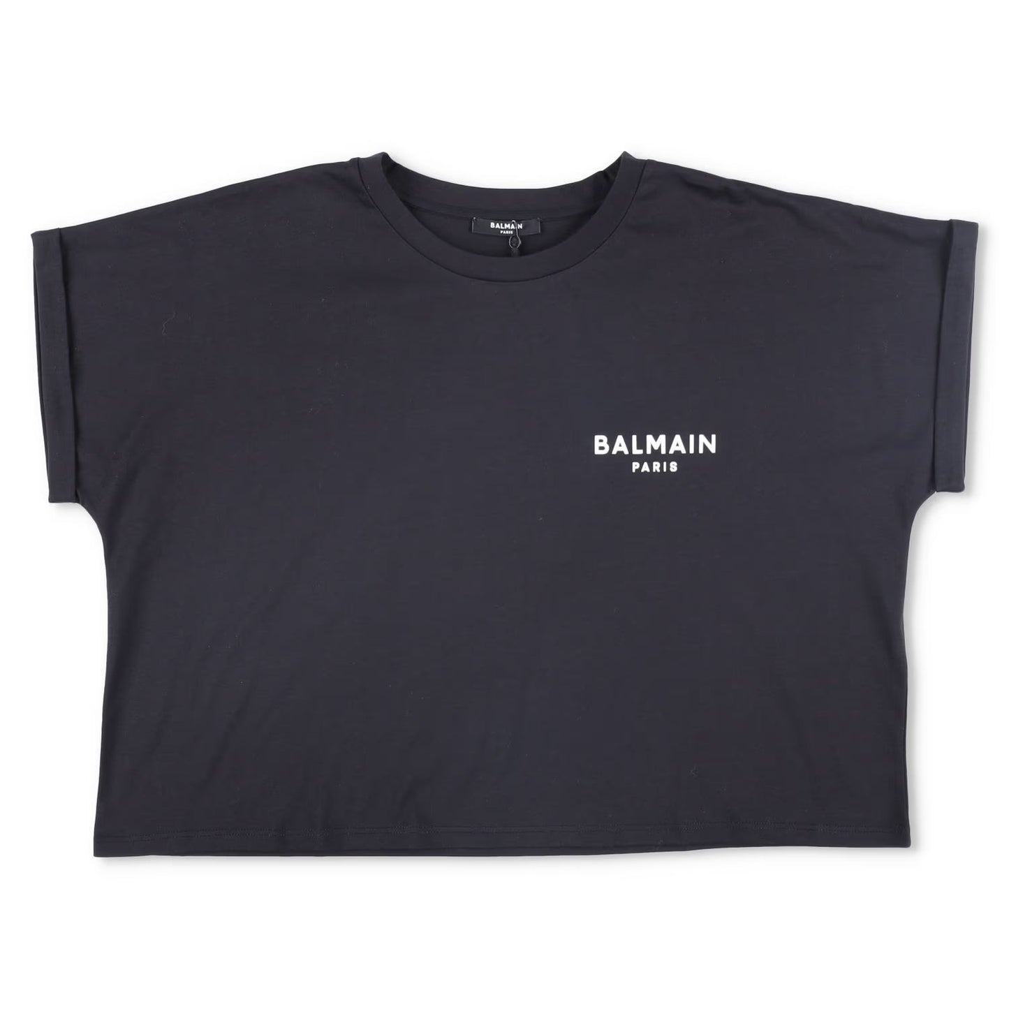 BALMAIN Womens T-Shirt Small Logo Cropped Short Sleeve Crew Neck Black XL RRP295