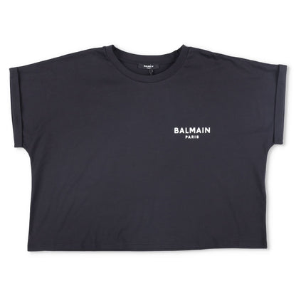BALMAIN Womens T-Shirt Small Logo Cropped Short Sleeve Crew Neck Black XL RRP295