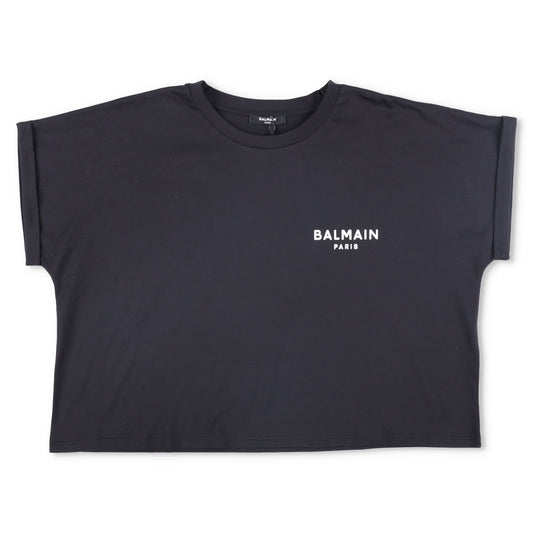 BALMAIN Womens T-Shirt Small Logo Cropped Short Sleeve Crew Neck Black XL RRP295