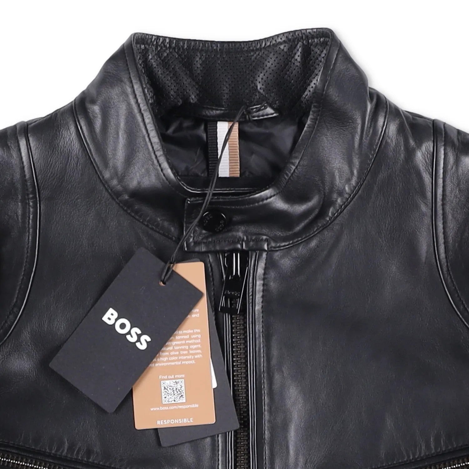 BOSS Mens Leather Biker Jacket Black Zip Closure Stand-Up Collar Size 52 RRP 450 — View 6