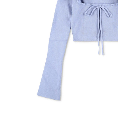 DANIELLE GUIZIO Women Bow Knit Sweater Long Flare Sleeve Cropped Blue 2XS RRP195 — View 3