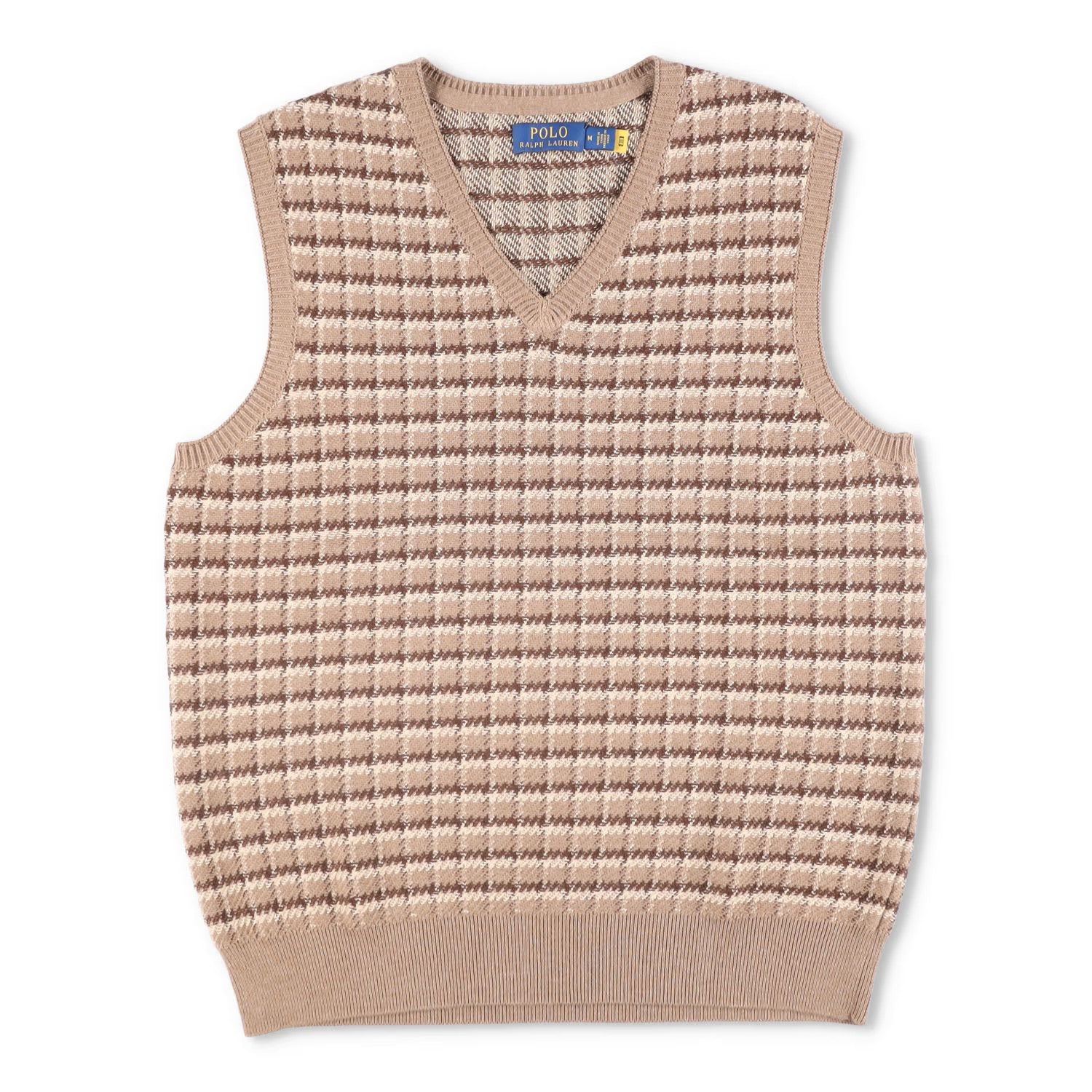 POLO Mens Knit Vest Beige Brown Check Pattern V-Neck Sleeveless Size M RRP 145
