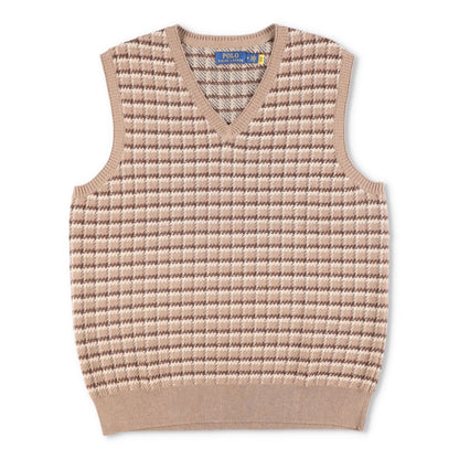 POLO Mens Knit Vest Beige Brown Check Pattern V-Neck Sleeveless Size M RRP 145