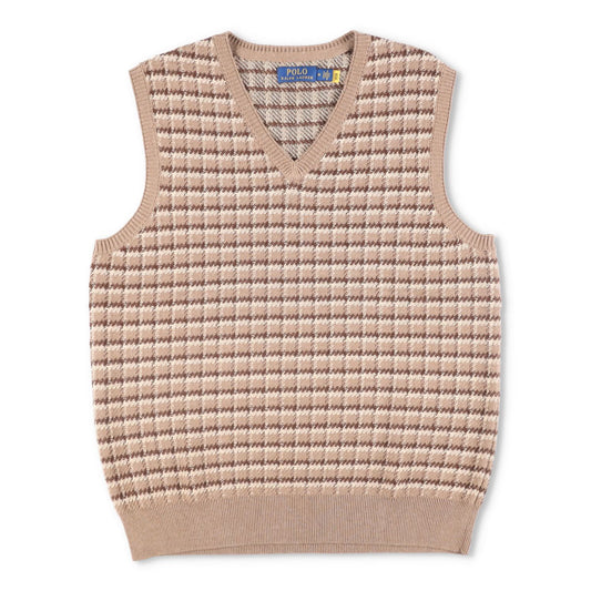POLO Mens Knit Vest Beige Brown Check Pattern V-Neck Sleeveless Size M RRP 145