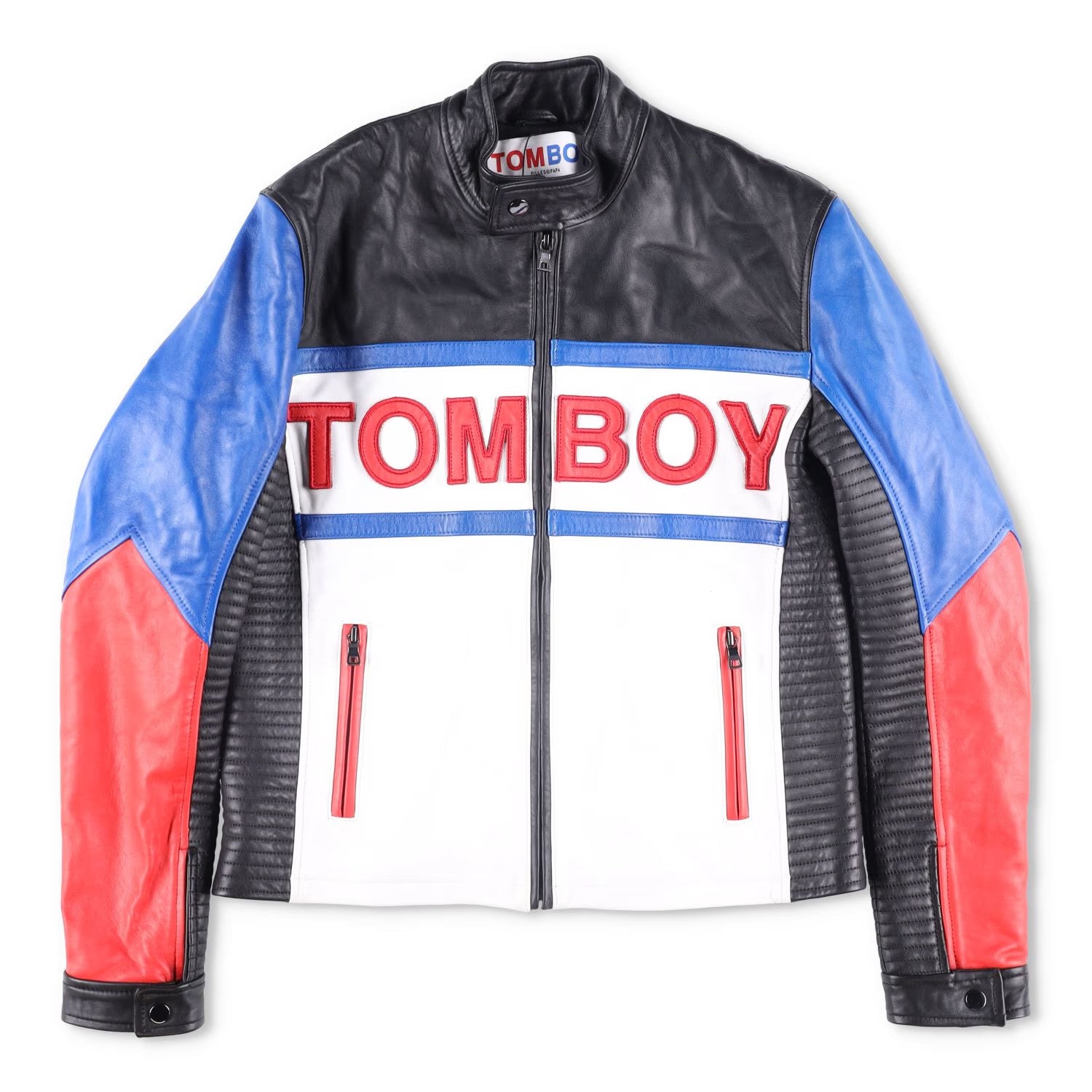 TOM BOY BY FILLES PAPA Mens Leather Jacket Black White Red Blue Size M RRP 700