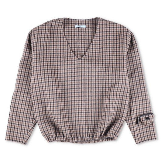 PRADA Womens Blouse V-Neck Long Sleece Check Pattern Brown Size 42 RRP 2830