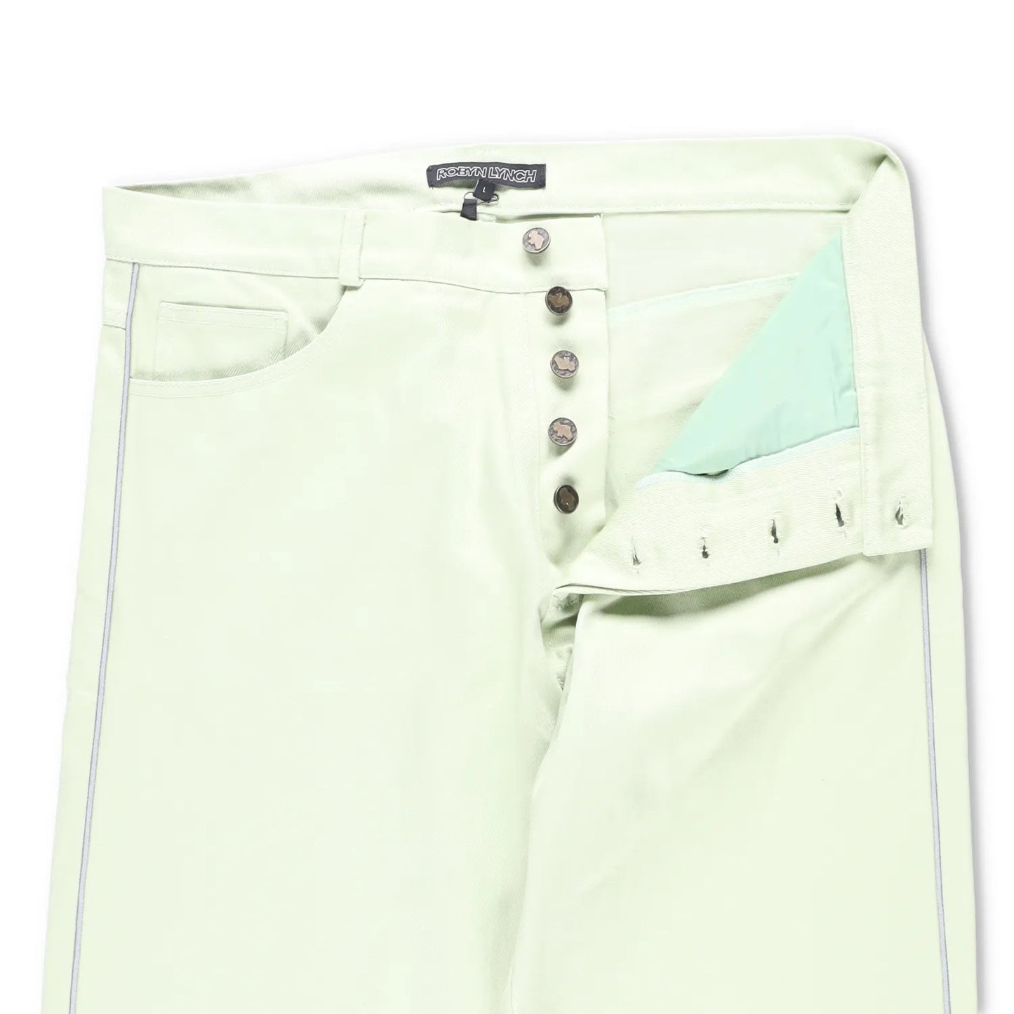 ROBYN LYNCH Mens Piping Jeans Green Straight Denim Mid Rise Logo Button M RRP390 — View 5