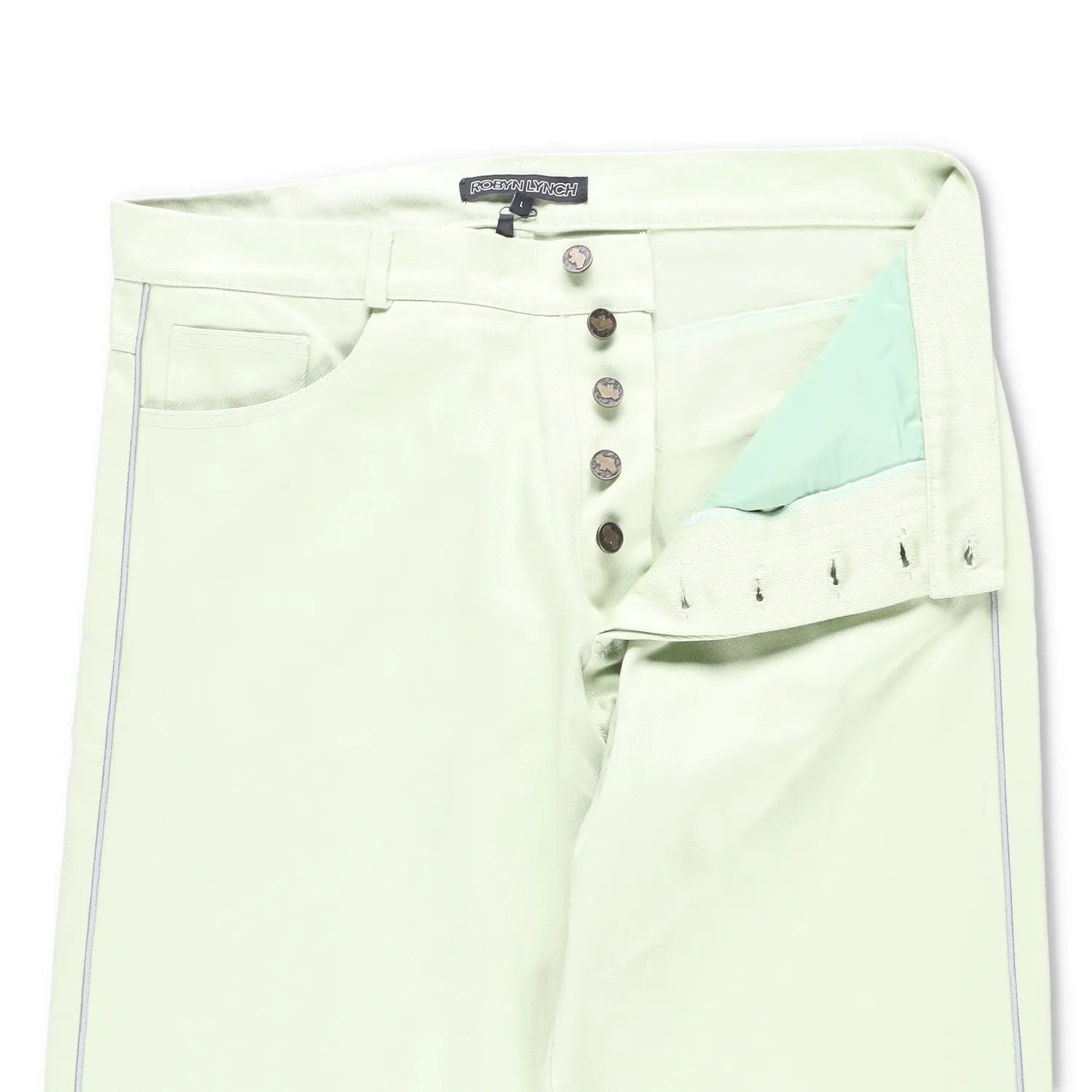 ROBYN LYNCH Mens Piping Jeans Green Straight Denim Mid Rise Logo Button M RRP390 — View 5