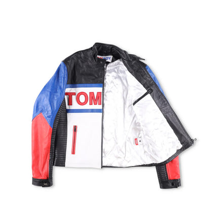 TOM BOY BY FILLES PAPA Mens Leather Jacket Black White Red Blue Size M RRP 700 — View 7