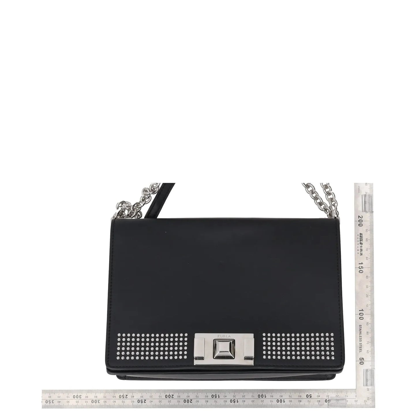 FURLA Womens Shoulder Handbag Black Leather Chain Strap Silver Hardware M RRP250 — View 8