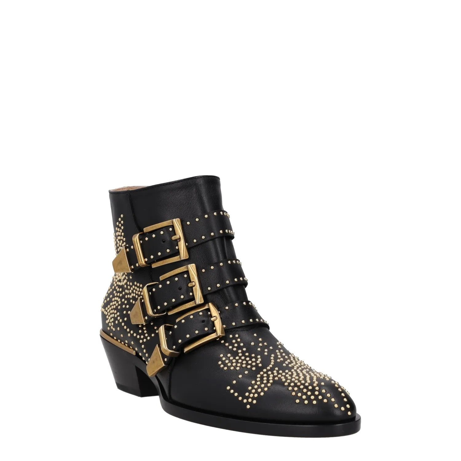 CHLOE Womens Bootie Gold Studded Buckle Black Leather Wedge Heel UK 3 RRP 1000 — View 2