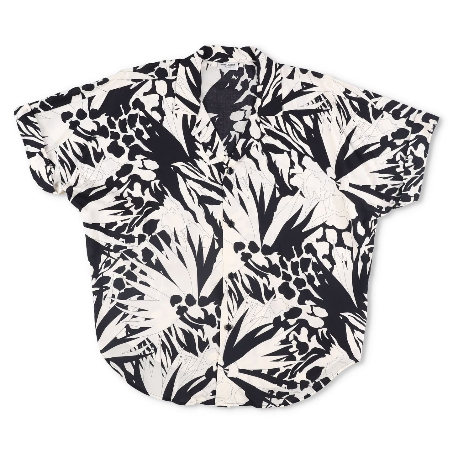 SAINT LAURENT Mens Button-Up Shirt Viscose Black White Short Sleeve 39 RRP 545