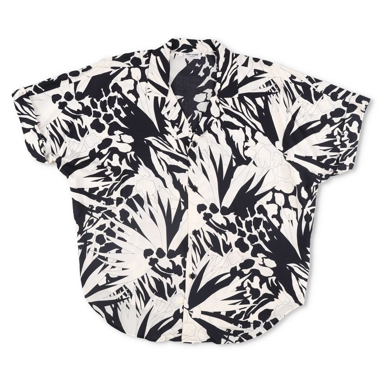 SAINT LAURENT Mens Button-Up Shirt Viscose Black White Short Sleeve 39 RRP 545