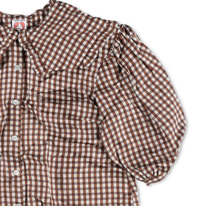 SHRIMPS Womens Silk Blouse Brown Check Collared Puff Sleeve Button Up 8 RRP 500 — View 3
