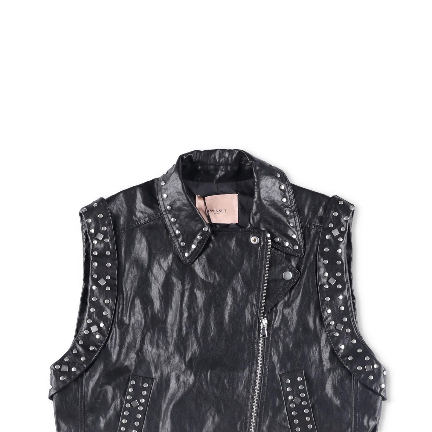 TWINSET Womens Sleevless Leather Biker Jacket Black Studded Size 42 RRP 300 — View 2