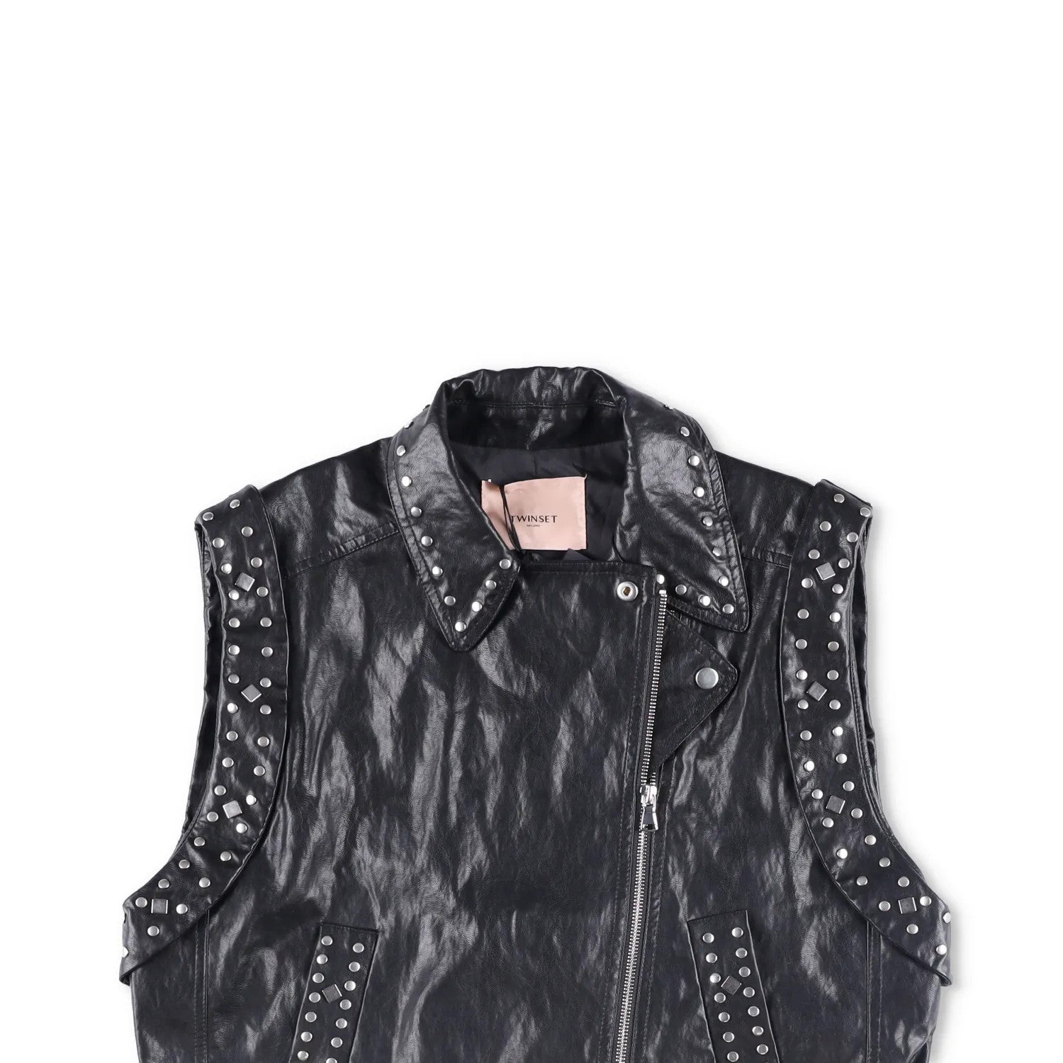 TWINSET Womens Sleevless Leather Biker Jacket Black Studded Size 42 RRP 300 — View 2