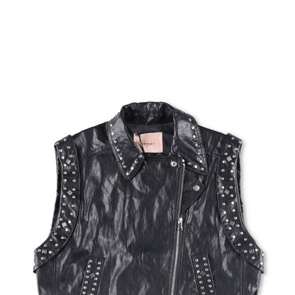 TWINSET Womens Sleevless Leather Biker Jacket Black Studded Size 42 RRP 300 — View 2