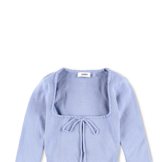 DANIELLE GUIZIO Women Bow Knit Sweater Long Flare Sleeve Cropped Blue 2XS RRP195 — View 2