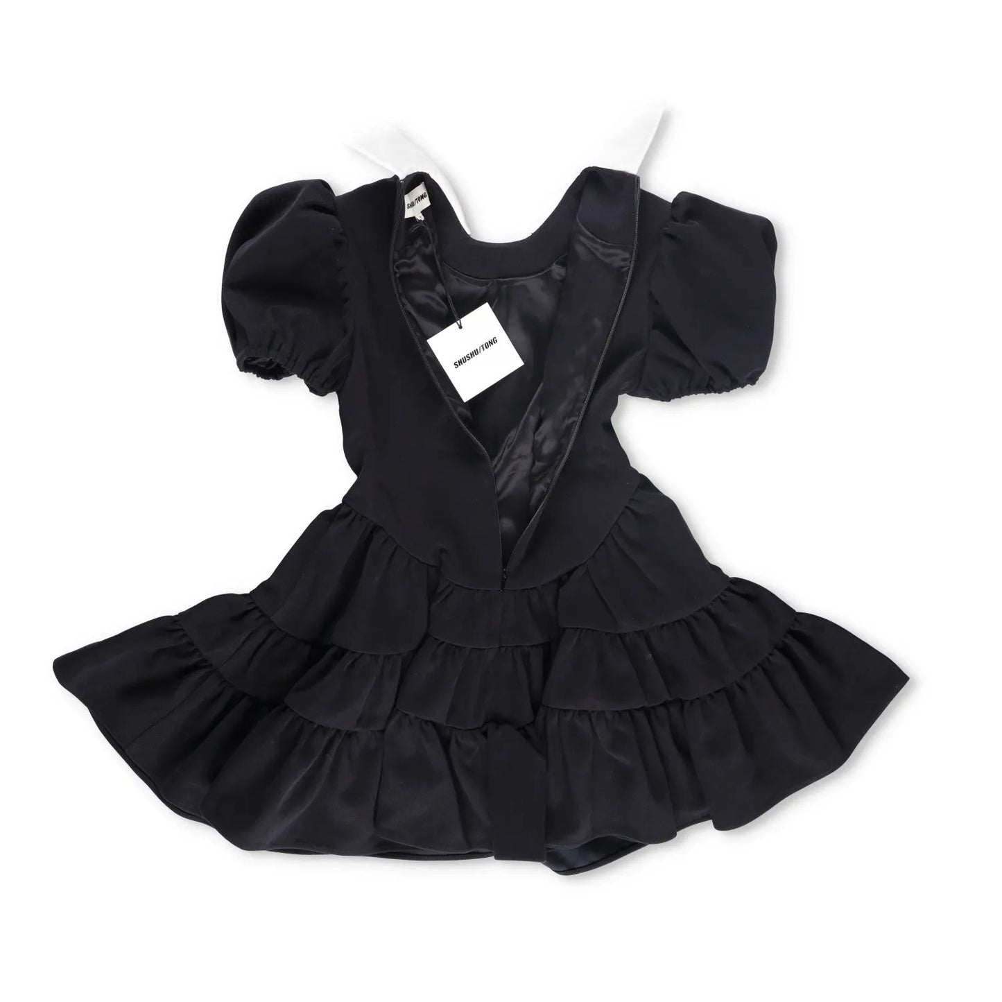 SHUSHU TONG Womens Fit & Flare Dress Black Puff Sleeve Ruffle Collared 8 RRP 650 — View 8