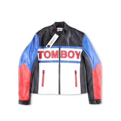 TOM BOY BY FILLES PAPA Mens Leather Jacket Black White Red Blue Size M RRP 700 — View 5
