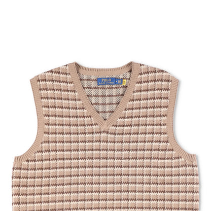 POLO Mens Knit Vest Beige Brown Check Pattern V-Neck Sleeveless Size M RRP 145 — View 2