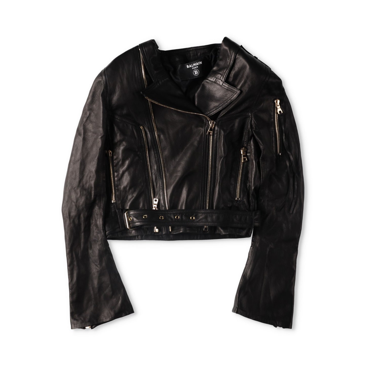 BALMAIN Womens Leather Cropped Biker Jacket Zippers Black Designer RRP3000