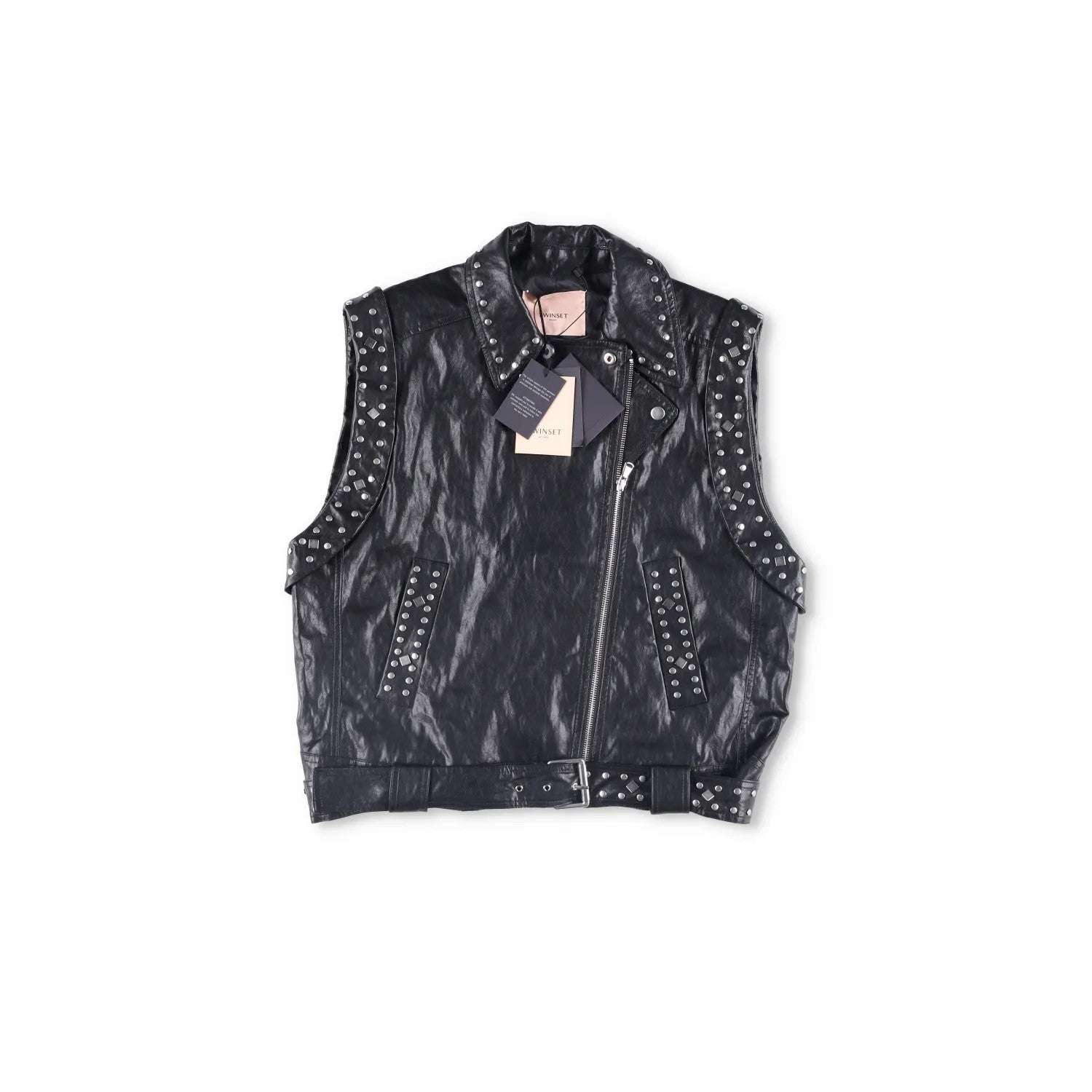 TWINSET Womens Sleevless Leather Biker Jacket Black Studded Size 42 RRP 300 — View 6