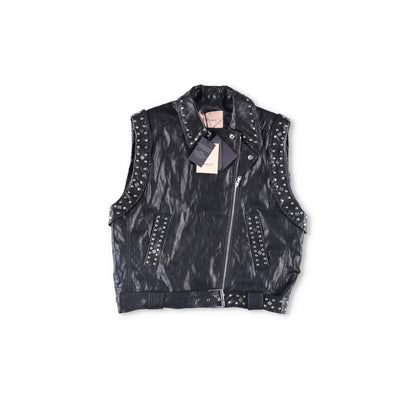 TWINSET Womens Sleevless Leather Biker Jacket Black Studded Size 42 RRP 300 — View 6