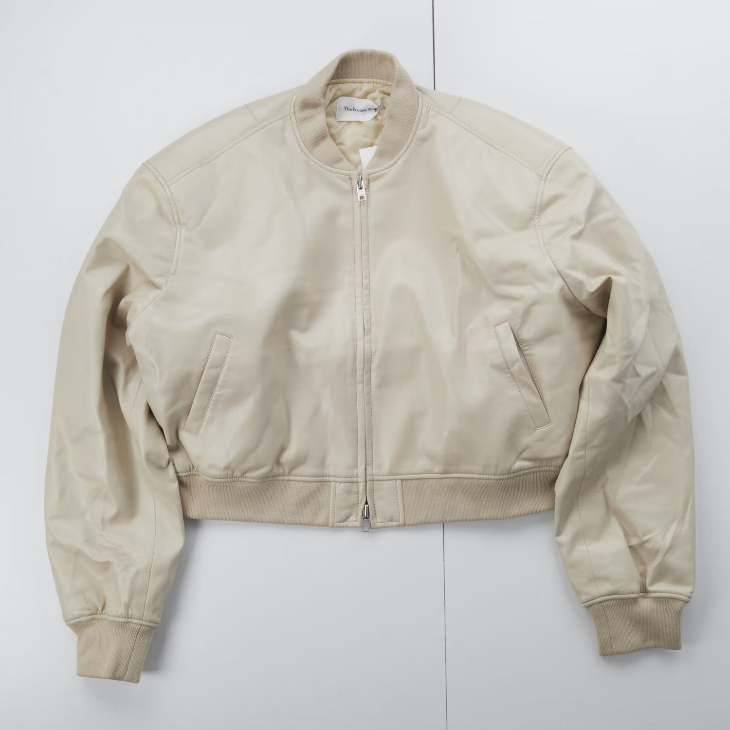FRANKIE SHOP Womens Micky Zip Faux Leather Cropped Bomber Jacket Cream XL RRP370 — View 6