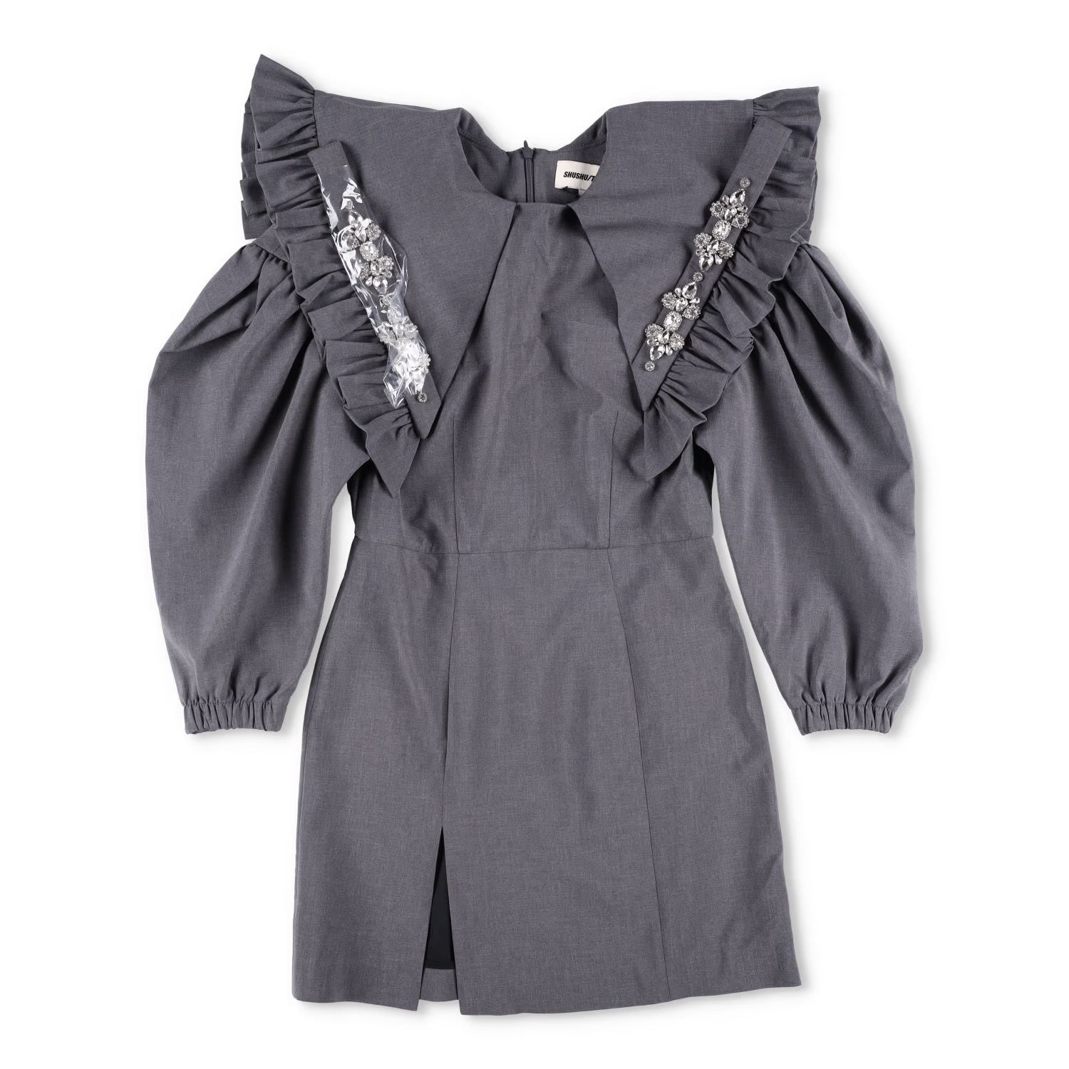 SHUSHU TONG Womens Dress Grey High Neck Puff Sleeve Knee Length Zip 8 RRP 500