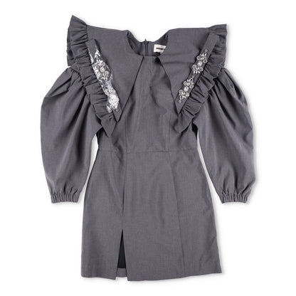 SHUSHU TONG Womens Dress Grey High Neck Puff Sleeve Knee Length Zip 8 RRP 500