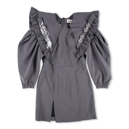 SHUSHU TONG Womens Dress Grey High Neck Puff Sleeve Knee Length Zip 8 RRP 500