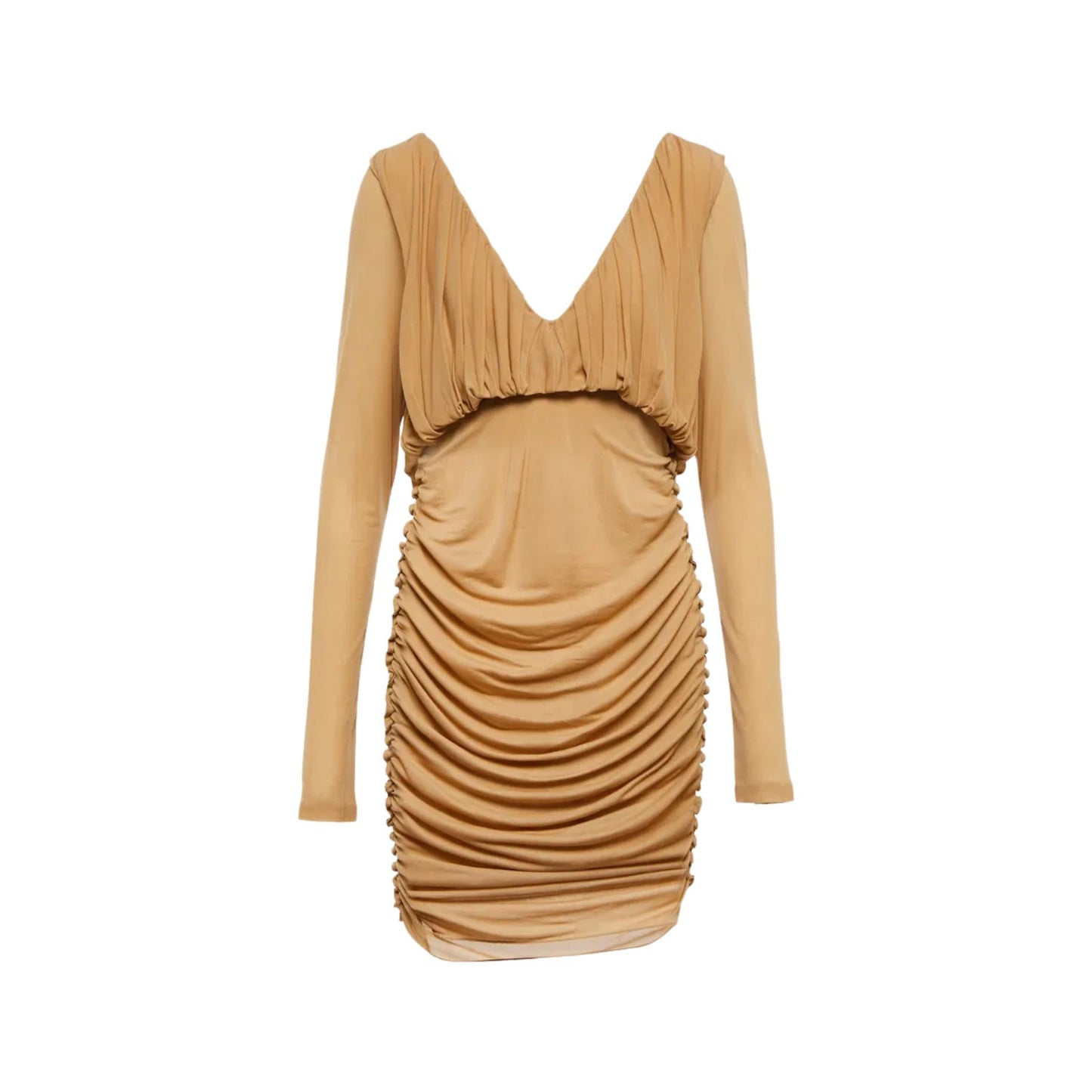 SAINT LAURENT Womens Slip Dress Mini V-Neck Long Sleeve Ruched Silk 34 RRP 2555