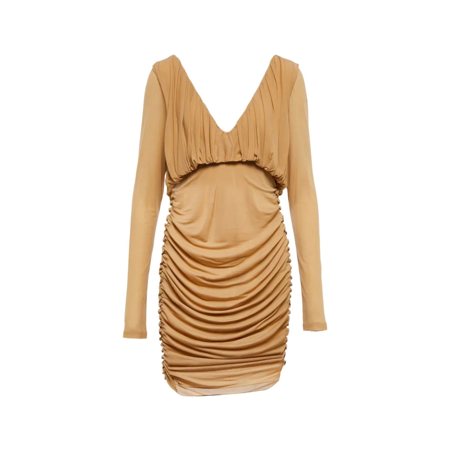 SAINT LAURENT Womens Slip Dress Mini V-Neck Long Sleeve Ruched Silk 34 RRP 2555
