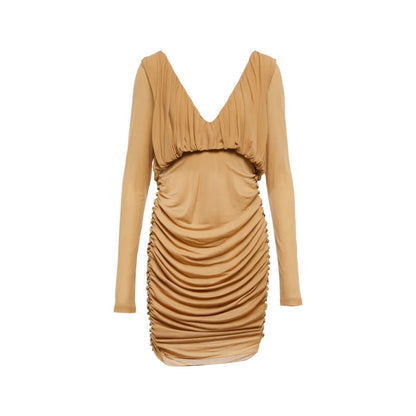 SAINT LAURENT Womens Slip Dress Mini V-Neck Long Sleeve Ruched Silk 34 RRP 2555