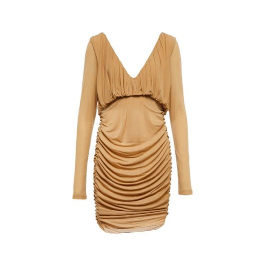 SAINT LAURENT Womens Slip Dress Mini V-Neck Long Sleeve Ruched Silk 34 RRP 2555