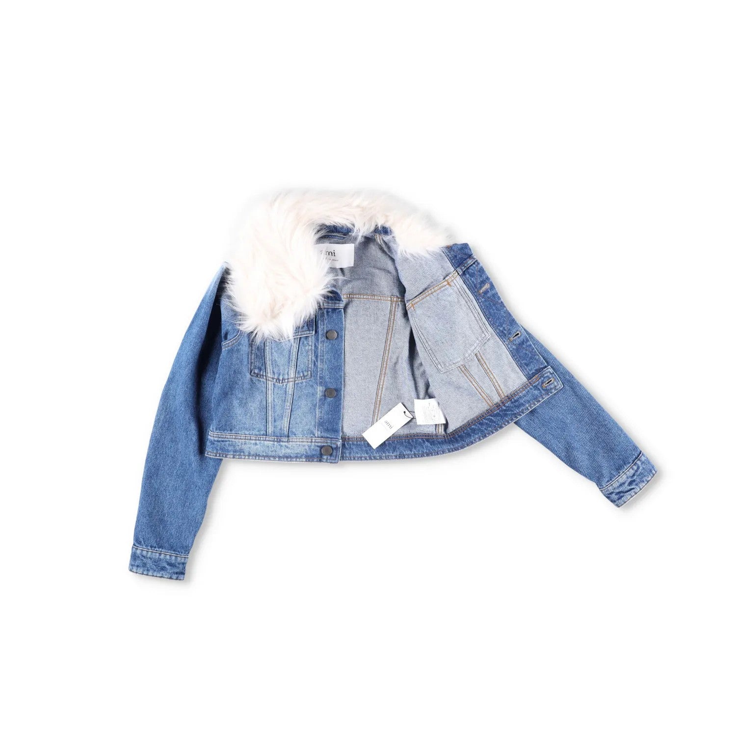AMI Womens Denim Jacket Faux Fur Collar Cropped Blue Long Sleeve Size L RRP 365 — View 5