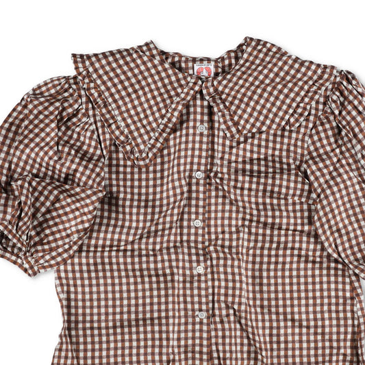 SHRIMPS Womens Silk Blouse Brown Check Collared Puff Sleeve Button Up 8 RRP 500 — View 2