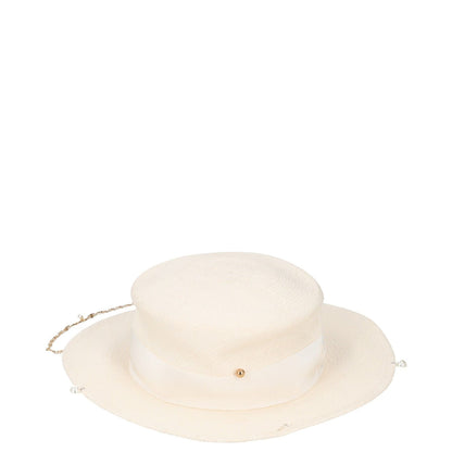 GUCCI Womens Sun Hat Beige Straw Chain Accent Button Summer Size L RRP 400