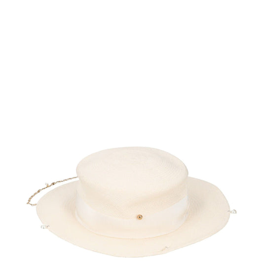 GUCCI Womens Sun Hat Beige Straw Chain Accent Button Summer Size L RRP 400