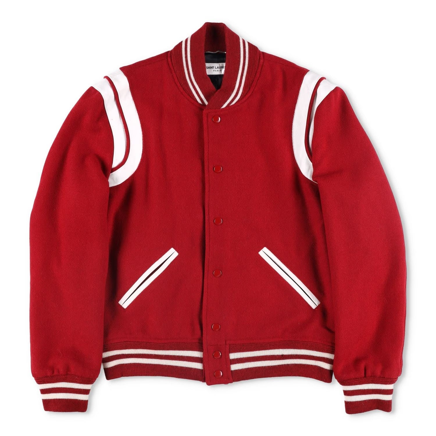 SAINT LAURENT Womens Varsity Jacket Red White Wool Snap Closure Size 48 RRP 2000