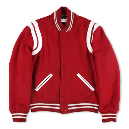 SAINT LAURENT Womens Varsity Jacket Red White Wool Snap Closure Size 48 RRP 2000