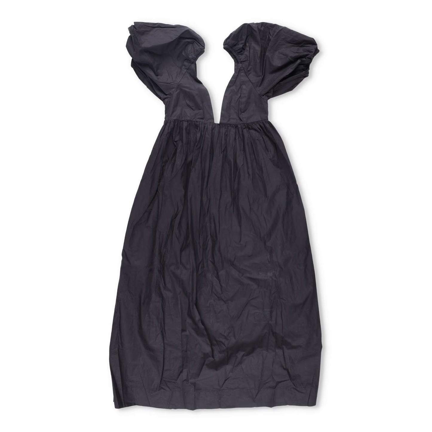 GANNI Womens V-Neck Short Sleeve Midi Dress Black Puff Shoulders Size 36 RRP 235