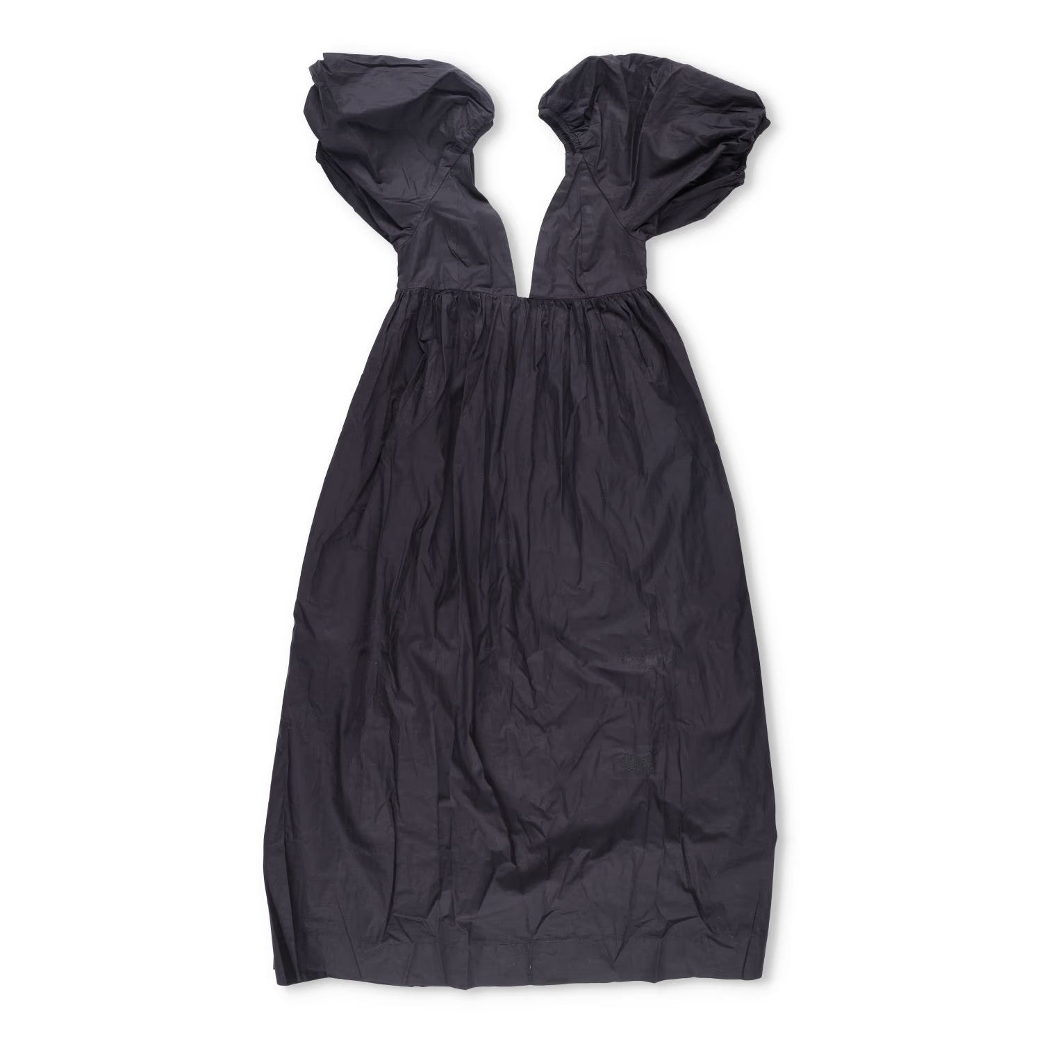 GANNI Womens V-Neck Short Sleeve Midi Dress Black Puff Shoulders Size 36 RRP 235