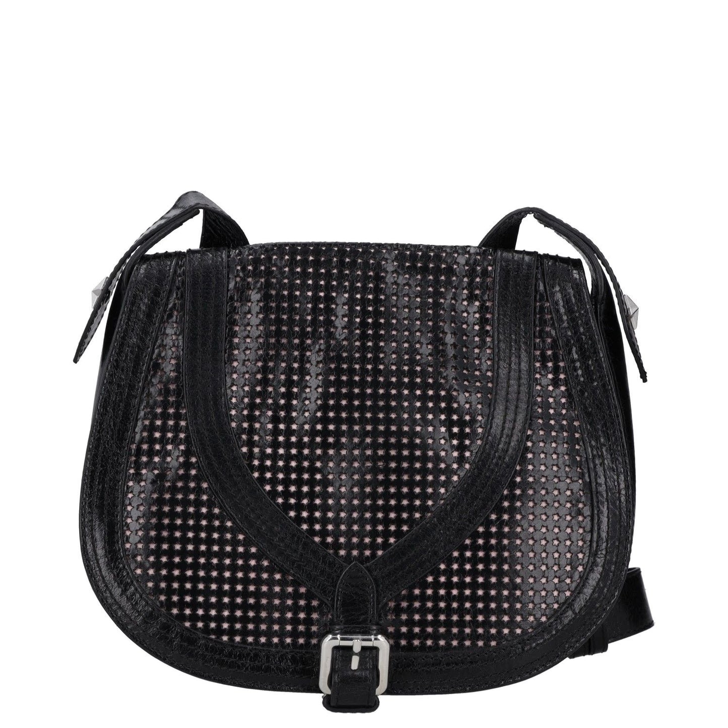 JUST CAVALLI Womens Saddle Handbag Black Leather Silver Buckle Closure M RRP 300