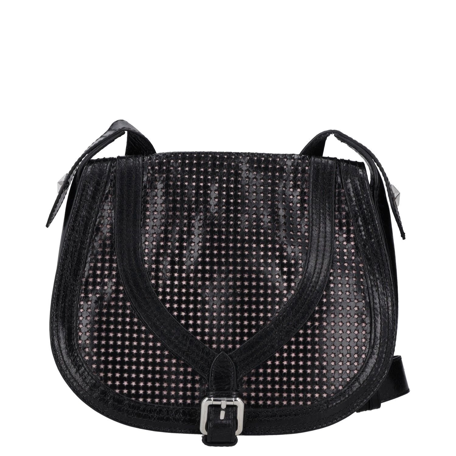 JUST CAVALLI Womens Saddle Handbag Black Leather Silver Buckle Closure M RRP 300