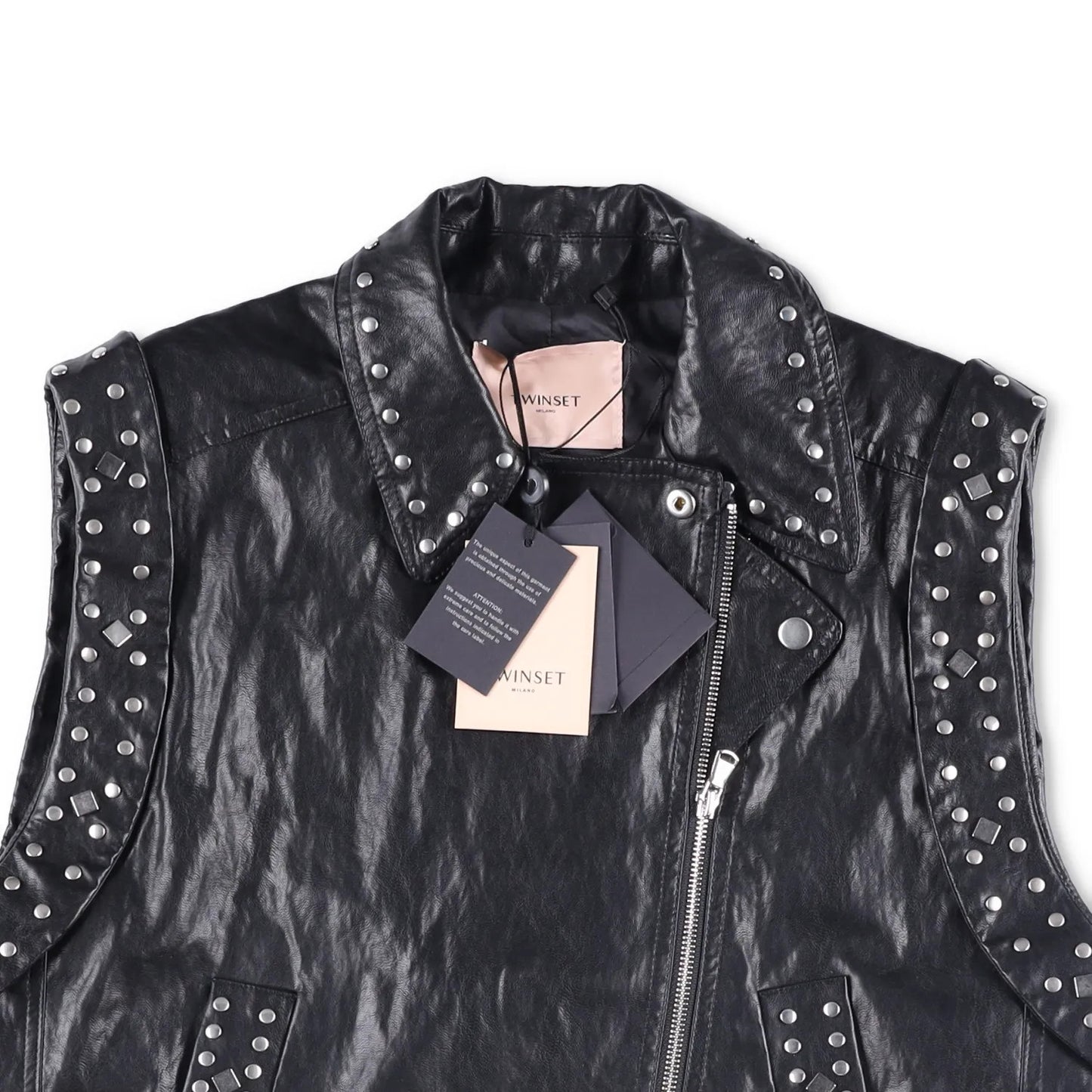 TWINSET Womens Sleevless Leather Biker Jacket Black Studded Size 42 RRP 300 — View 7