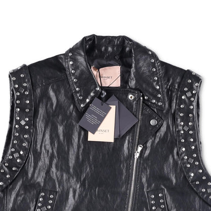 TWINSET Womens Sleevless Leather Biker Jacket Black Studded Size 42 RRP 300 — View 7