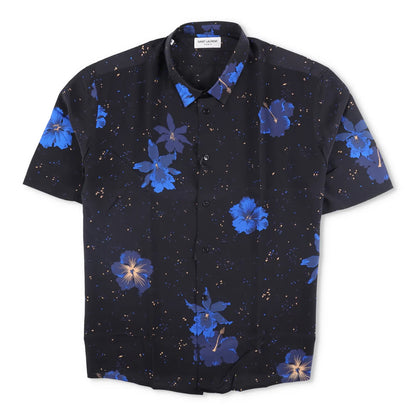 SAINT LAURENT Mens Shirt Silk Print Button-Up Black Short Sleeve Size 43 RRP 950